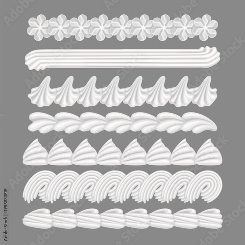 Set of whipped cream border set collection. whipped cream seamless pattern. White creamy swirl banner. Vanilla milk dessert. Isolated on white background vector illustration.