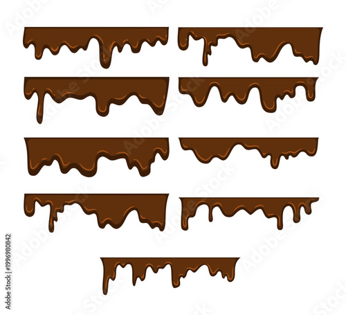 Set of chocolate melt drip border collection. Melted hot chocolate drops banner. World chocolate day border. Dripping liquid. Isolated on white background vector illustration.