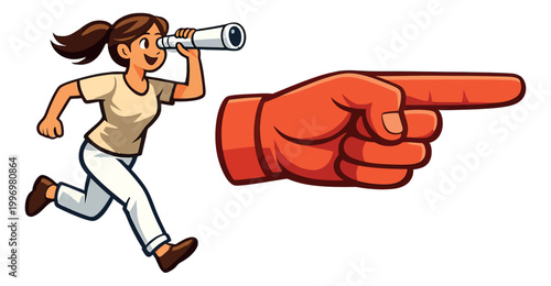 Cartoon illustration of a woman with a telescope and a pointing hand depicting her seeking and following direction for business and personal guidance