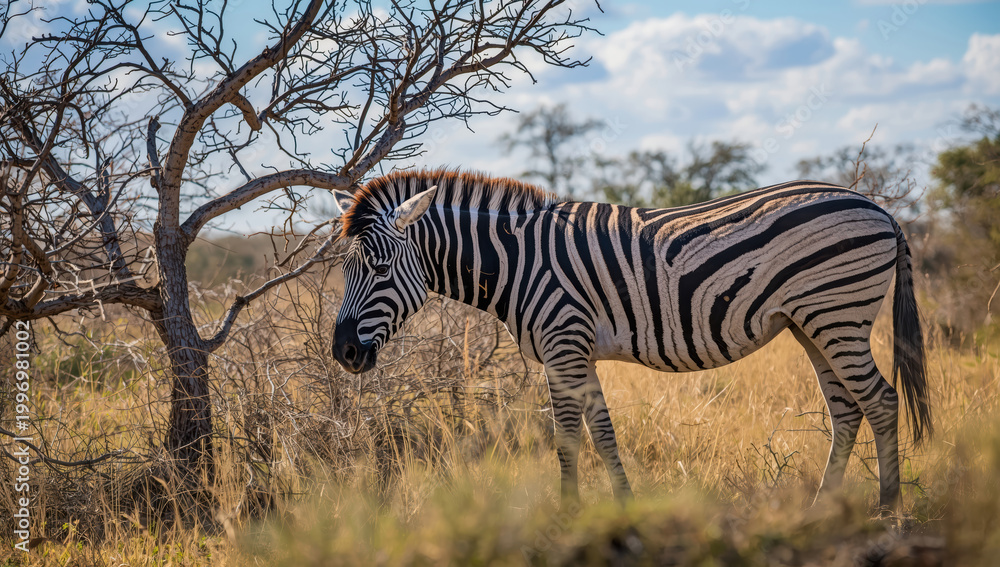 Fototapeta premium Zebra standing in dry savanna with leafless tree and golden grass at sunset