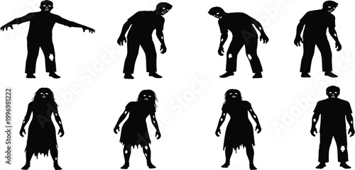 Black vector silhouettes of people including women, men, and children in an art illustration featuring a family with a dog having fun and mother with baby doing sports or dance