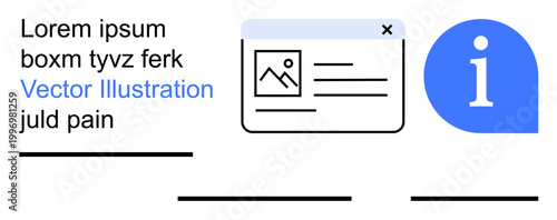 Information technology, digital assistance, web services, data , tech design, online knowledge. Graphic displays an info card and i icon. Information technology and digital assistance concept