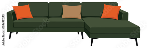 Modern illustration of a green sectional sofa depicting decorative cushions for home interior design