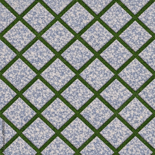An abstract pattern of square stone tiles arranged diagonally, bordered by lush green grass. The textures create a modern yet natural look.