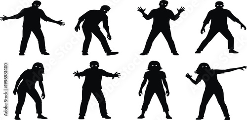 Black vector illustration of a diverse family and children in action, featuring silhouettes of people, men, and women engaged in sport, dance, and play