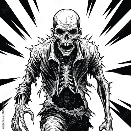 Black and white of a zombie with a skeletal face and exposed ribcage wearing a tattered shirt skeleton