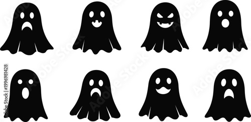 Collection of black vector silhouettes featuring people, fashion models with stylish hair, and sets of black trees for an artistic Halloween drawing