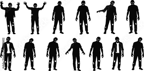 A professional vector illustration featuring a group of black business people silhouettes, including a businessman in a suit and a woman standing in a walking pose alongside a family and child