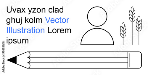 Education, creativity, agriculture, design, communication, minimalism. Abstract image with a pencil, person icon text elements and wheat stalks. Education and creativity concept