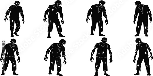 Vector silhouettes of a group of people including a woman and child in cartoon pirate and soldier hero costume illustrations for a Halloween hat party