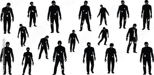 A black vector illustration featuring a group of people silhouettes including a business team in suits and a walking family standing as dark figures