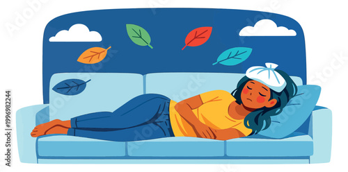 Modern illustration of a sick woman depicting feeling unwell with an ice pack on her head for sickness and recovery