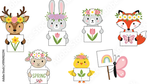 Spring Animals Vector Set with Deer, Bunny, Fox, Lamb, and Chick Holding Flower Signs and Seasonal Symbols for Kids’ Art, Nursery Decor, and Spring Celebrations