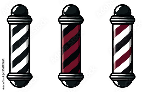 Cartoon line art barbershop pole set featuring multiple color variations for classic grooming establishment design
