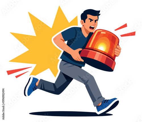 Cartoon illustration of a man depicting urgency while running with an emergency siren for a critical alert