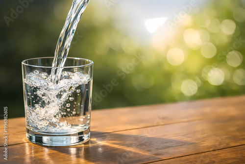 Realistic illustration of fresh clean drinking water being poured into a transparent glass placed on a wooden table with soft natural sunlight and green blurred background. The image represents