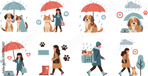 Pet Care and Walking Vector Set with Dogs, Cats, Umbrellas, and Owners in the Rain for Pet Walking, Care, and Seasonal Weather Illustrations