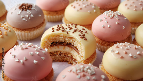Creamy filled mini cake with pastel glaze and crunchy sprinkles, elegant dessert presentation