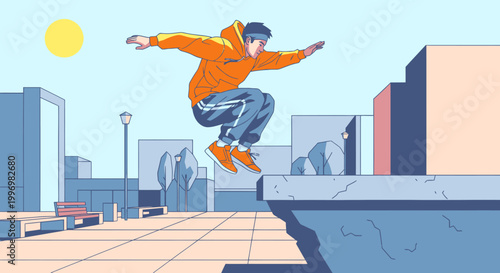 Foto Young man skateboarding in urban environment.