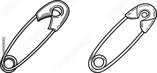 Two realistic safety pin icons featuring detailed metal texture line art illustration isolated on transparent background.