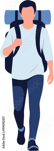 A young man walking with a backpack on a plain white background