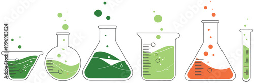 Laboratory glassware icon collection, beakers, flasks, and test tubes with colorful chemical liquids, science education and research vector design, simple modern illustration.