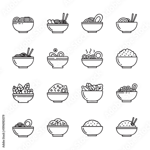 Collection of Asian food bowls with chopsticks and ingredients in line art style