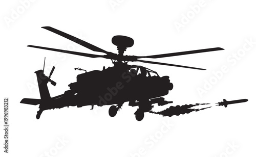 Attack Helicopter Silhouette Vector, Military Gunship in Flight, Black and White Aviation Illustration