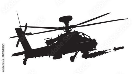 Attack Helicopter Silhouette Vector, Military Gunship in Flight, Black and White Aviation Illustration