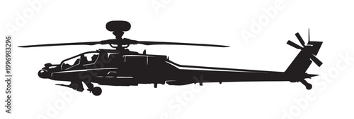 Attack Helicopter Silhouette Vector, Military Gunship in Flight, Black and White Aviation Illustration