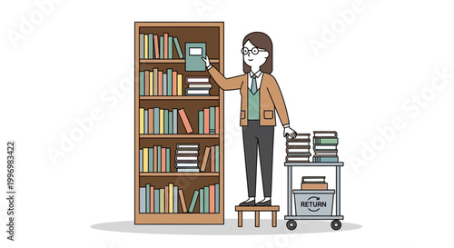 Librarian Organizing Books on Shelves in Library
