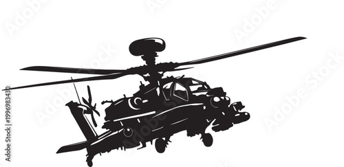 Attack Helicopter Silhouette Vector, Military Gunship in Flight, Black and White Aviation Illustration