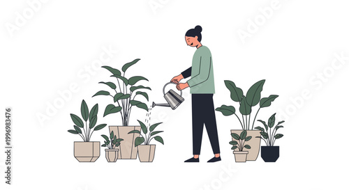 Person Watering Potted Plants Illustration