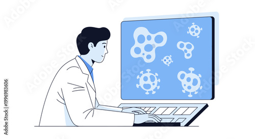 Scientist Analyzing Virus Structures on Computer Screen