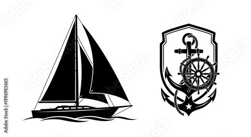 Sailboat with nautical anchor emblem.