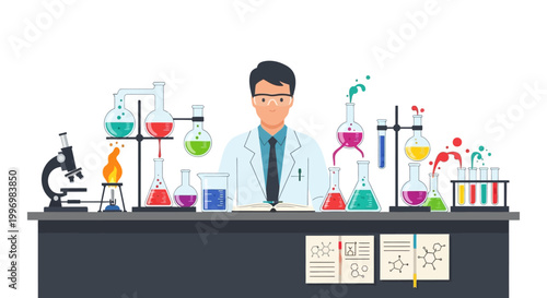Scientist Working in Laboratory with Chemical Glassware and Microscope