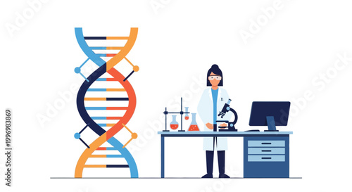 Scientist Working in Laboratory with DNA Helix Model