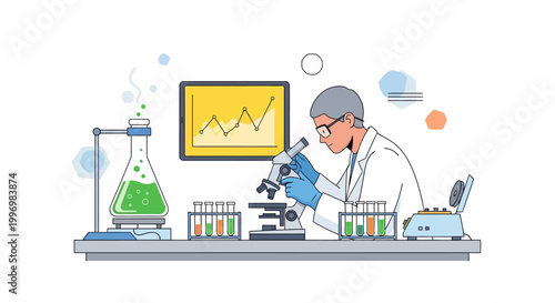 Scientist Working in Laboratory with Microscope and Chemicals