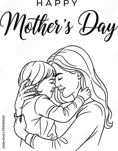 Line art of mother and child hugging with Happy Mothers Day text typography