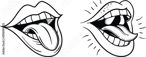 Stylized artistic line art drawing of two open human mouths with tongues extended showing facial expressions sketches.
