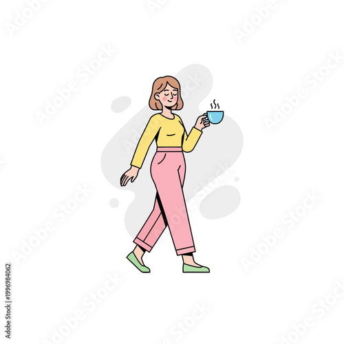 A cartoon woman walking and holding a cup of coffee in a modern and vibrant illustration