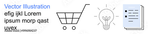 Online shopping, innovation, business planning, organization, creative ideas, and commerce. Shopping cart, light bulb and documents in vector format. Online shopping and innovation