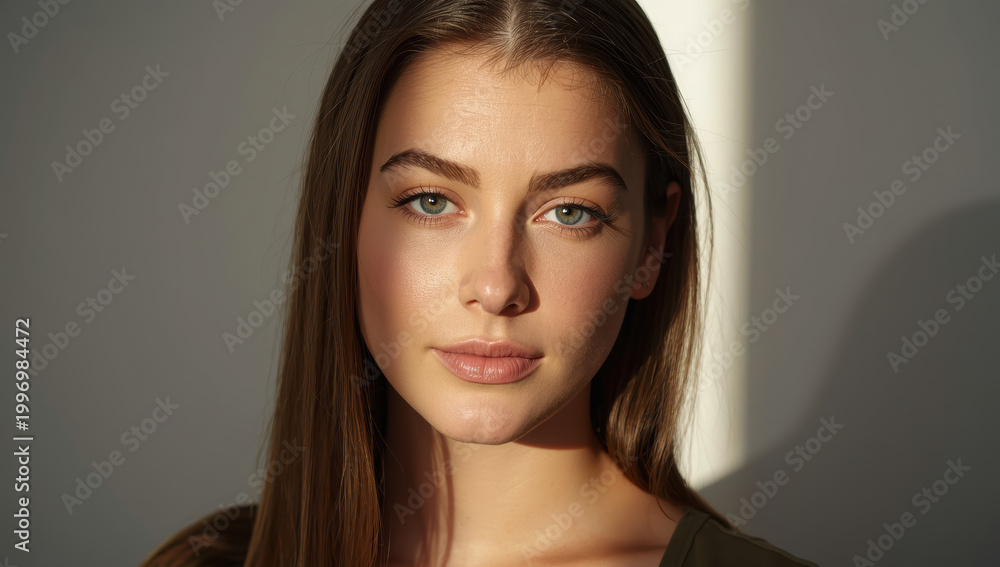 Naklejka premium Young woman portrait with soft directional light and neutral expression