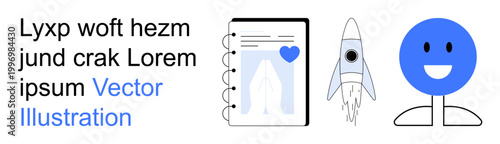 Space missions, creativity, technology, inspiration, education, innovation. A notebook with a heart, rocket launching and smiling face icon. Space missions and creativity concept