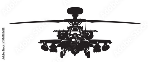 Attack Helicopter Silhouette Vector, Military Gunship in Flight, Black and White Aviation Illustration