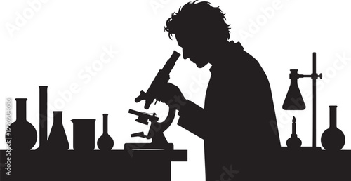 Scientist Silhouette Working with Microscope in Laboratory