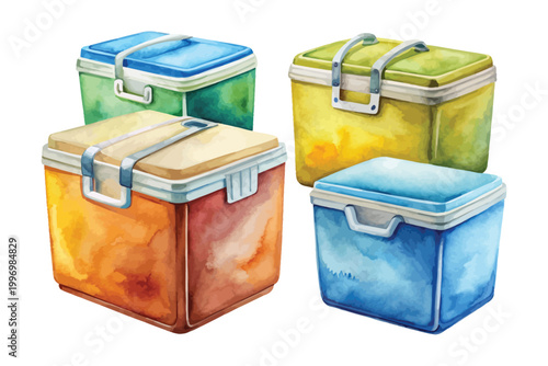 Watercolor Cooler Box Clipart, Summer Picnic Ice Container Illustration, Isolated on White