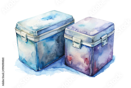 Hand-Painted Cooler Box Watercolor, Outdoor Picnic Ice Chest Clipart, Isolated Vector Illustration