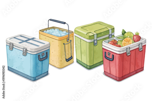 set of Watercolor Ice Cooler Box Icon, Picnic Storage Clipart, vector illustration Isolated on White background
