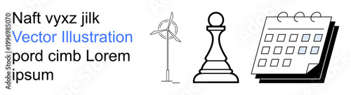 Renewable energy, strategic planning, scheduling, decision-making, time management, energy awareness. Windmill, chess piece and calendar icons. Strategic planning and renewable energy concepts